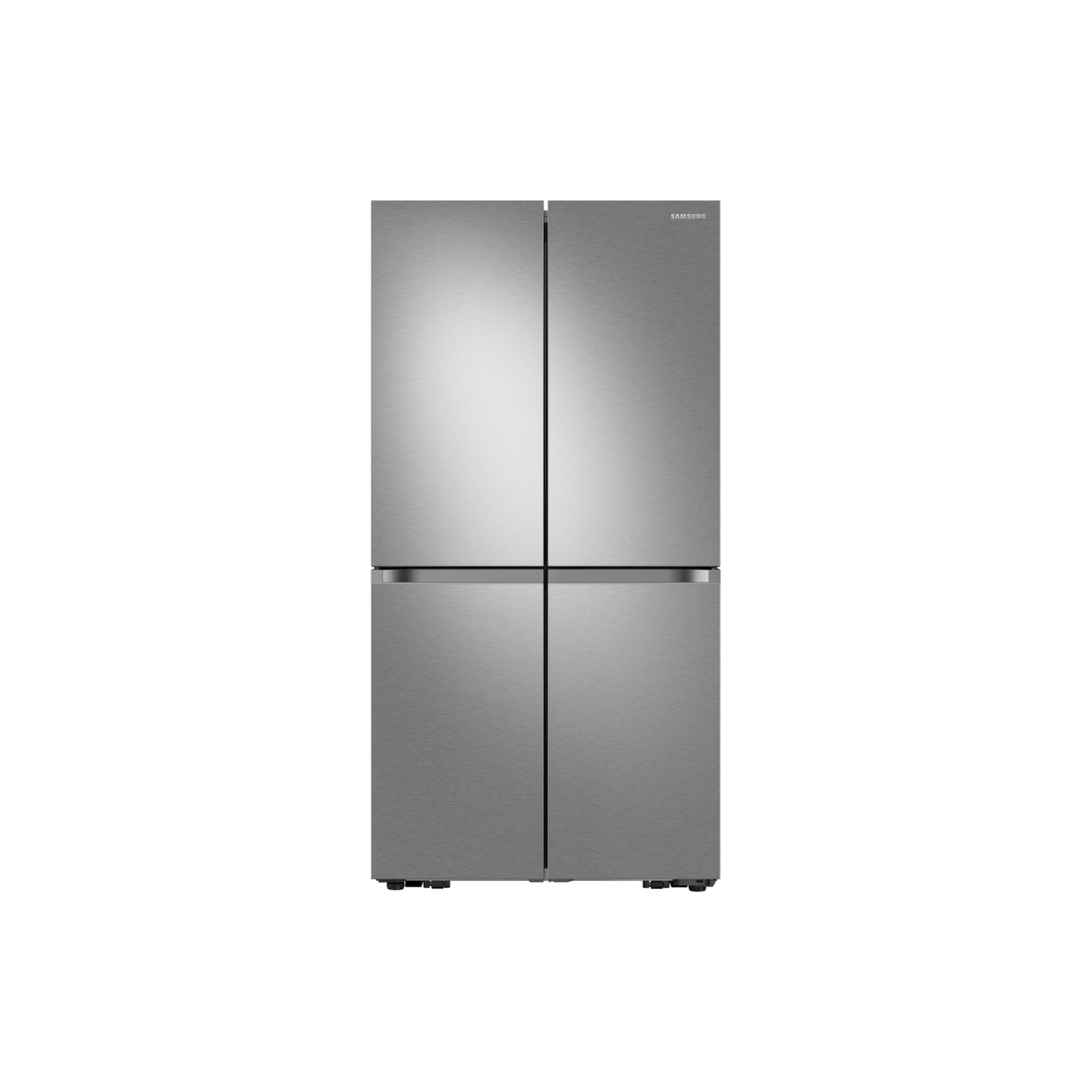 Front view of a silver Samsung 4-door refrigerator