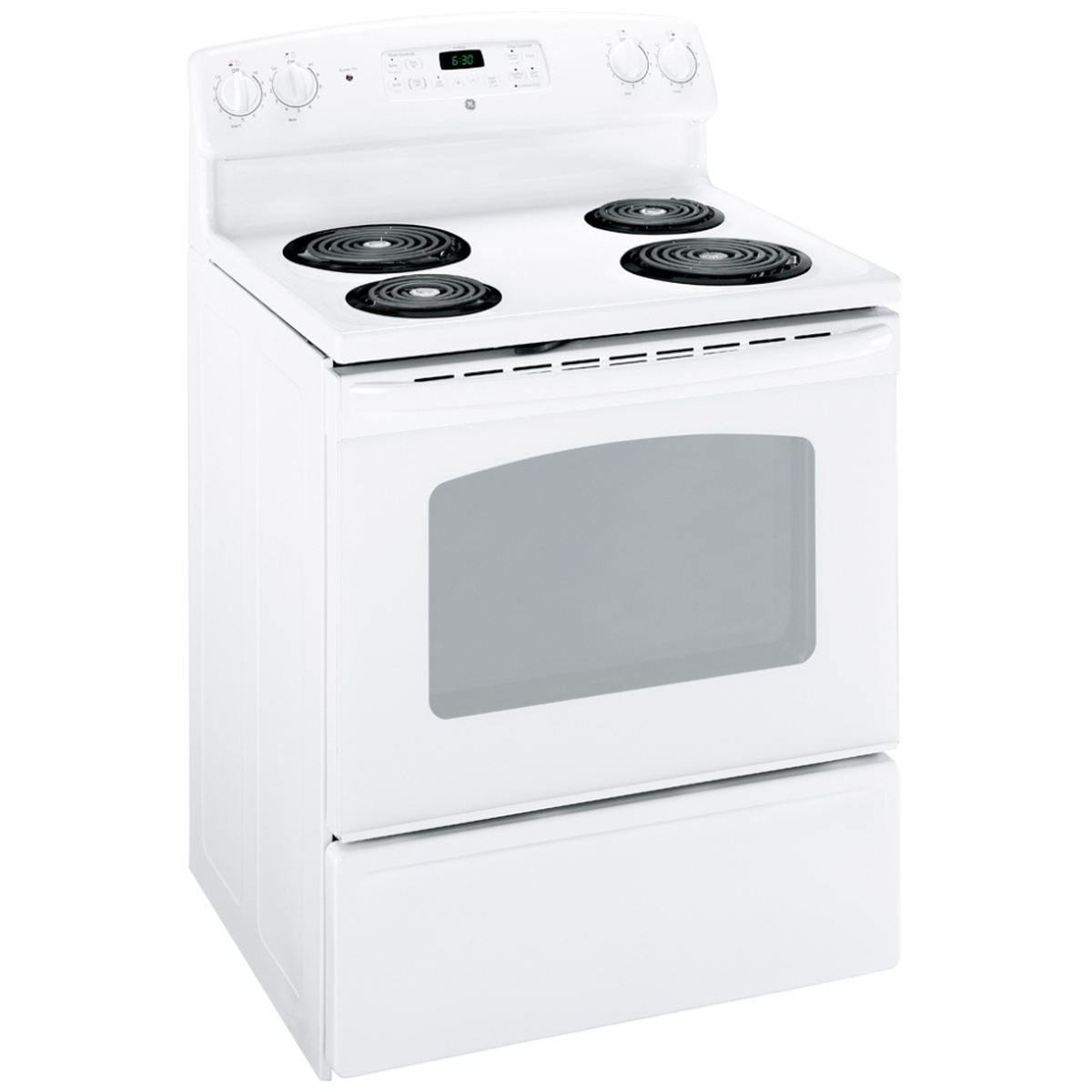 White GE freestanding electric range with four black coil elements, a backsplash control panel with digital clock, oven window, and lower storage drawer