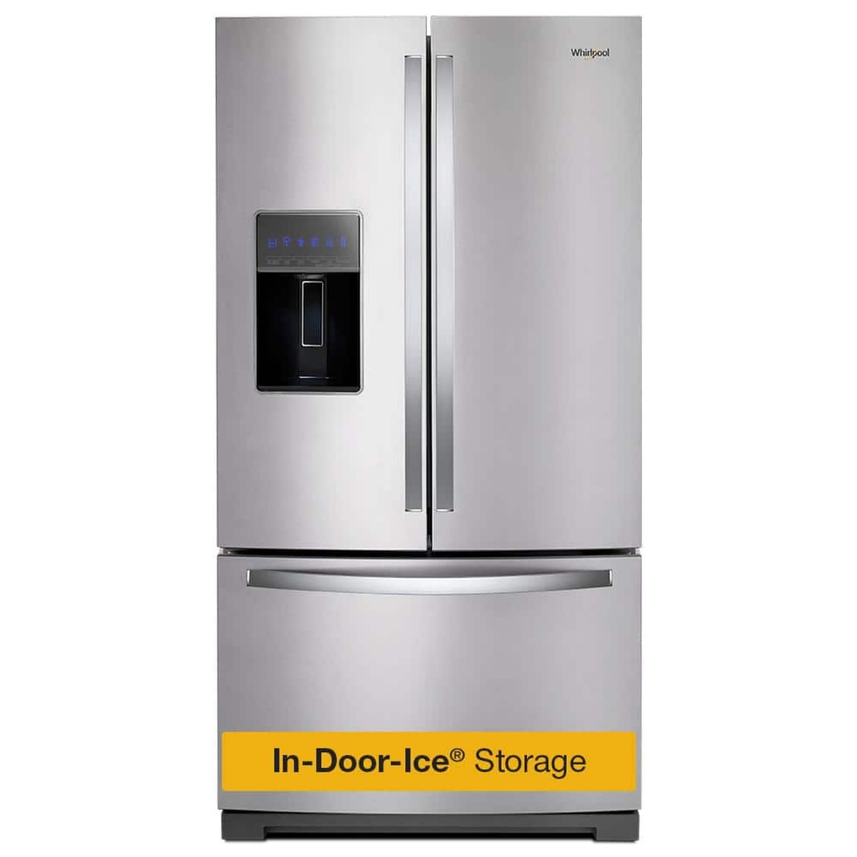 Front view of a stainless steel Whirlpool French door refrigerator with an external water and ice dispenser