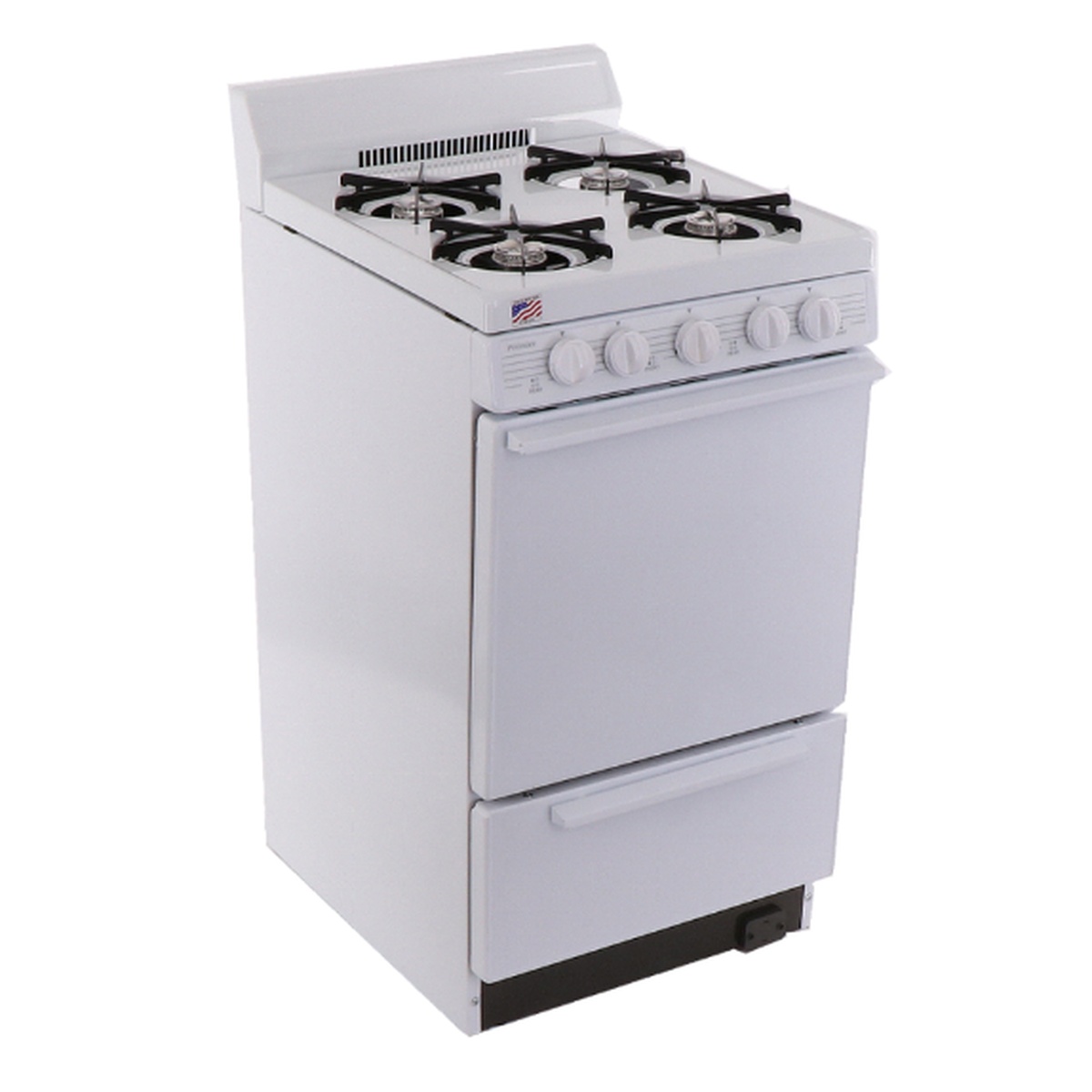White 20-inch propane range with four burners, rear backguard, and front control knobs