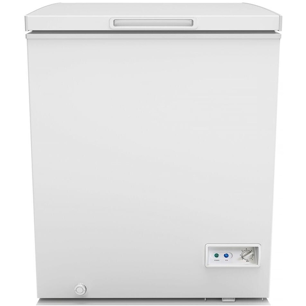 Front view of a white Avanti chest freezer with a lift-up lid handle, front control panel with indicator lights and temperature dial, and a front defrost drain cap