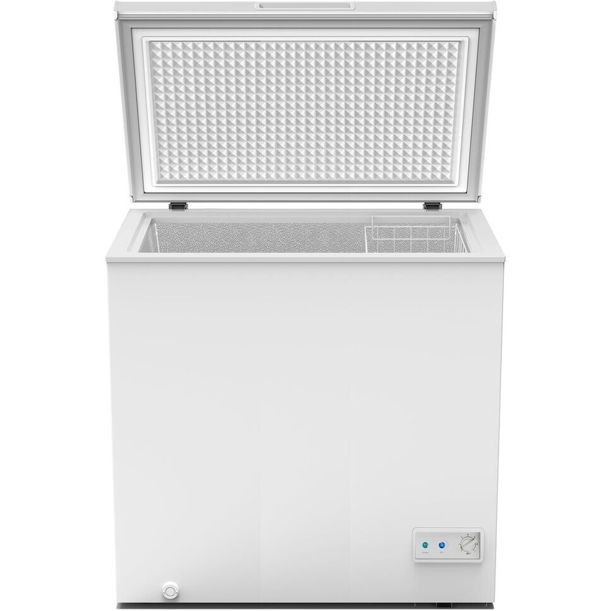 White Avanti chest freezer shown open, revealing the textured underside of the lid and a removable wire storage basket inside