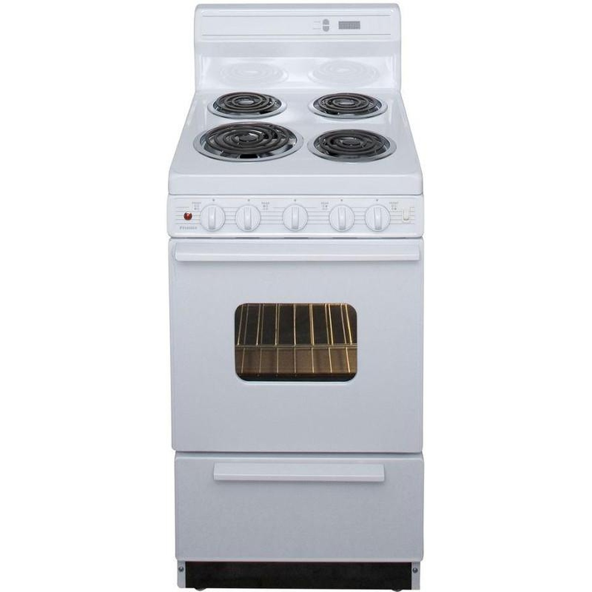 Front view of a white Premier 20-inch freestanding electric range with four coil elements, front knob controls, oven window, and lower storage drawer