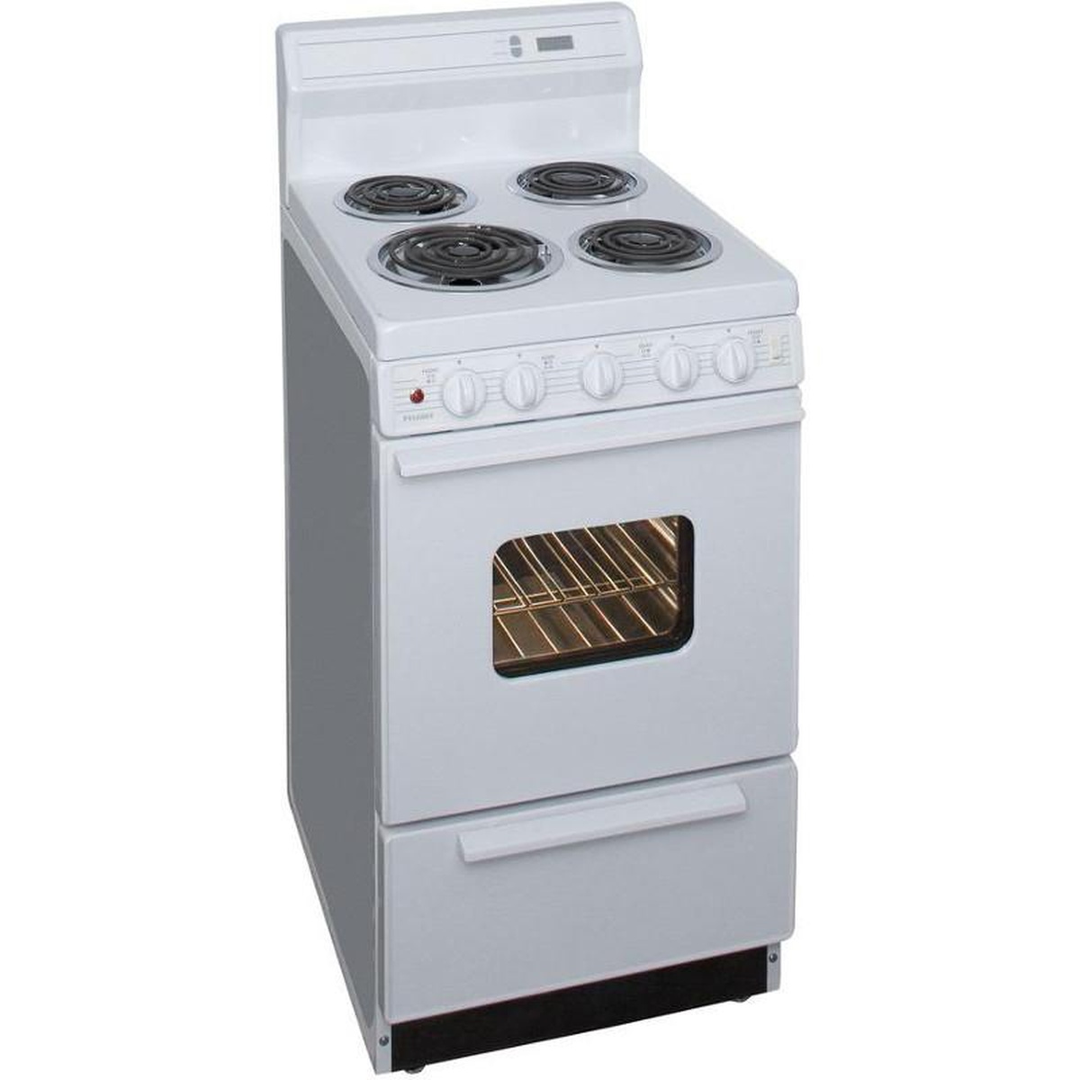Angled view of a white Premier freestanding electric range showing the compact body, coil cooktop, and backguard
