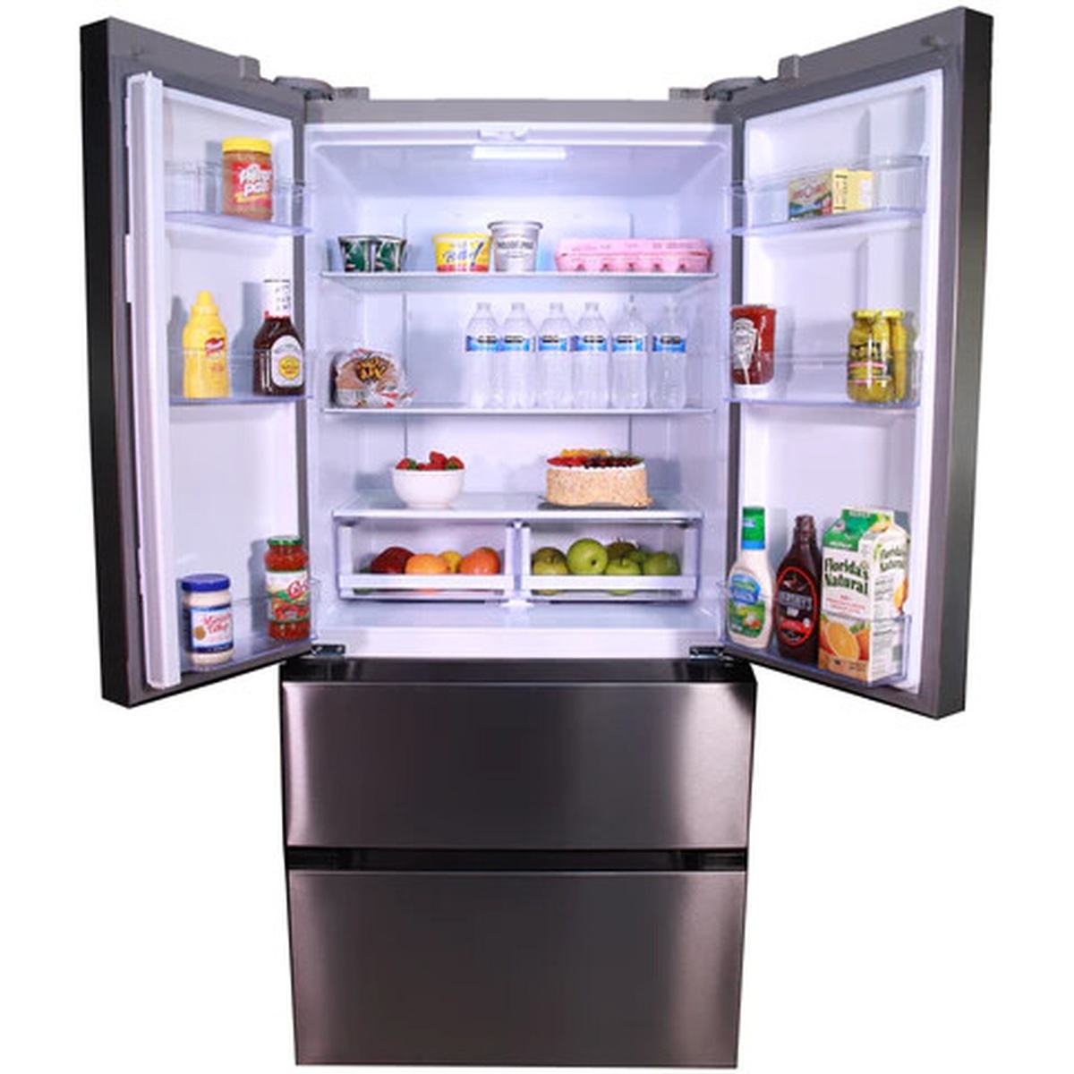 Open Avanti French door refrigerator showing glass shelves, door bins, and two clear produce drawers
