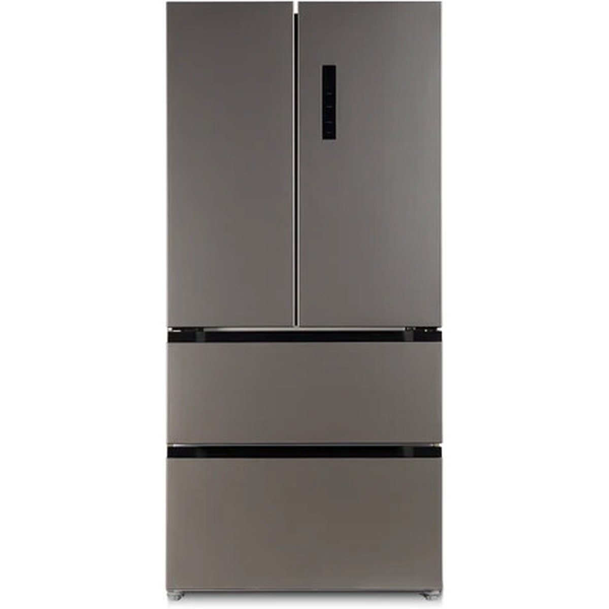Front view of Avanti stainless steel French door refrigerator with two upper doors and two lower drawer sections