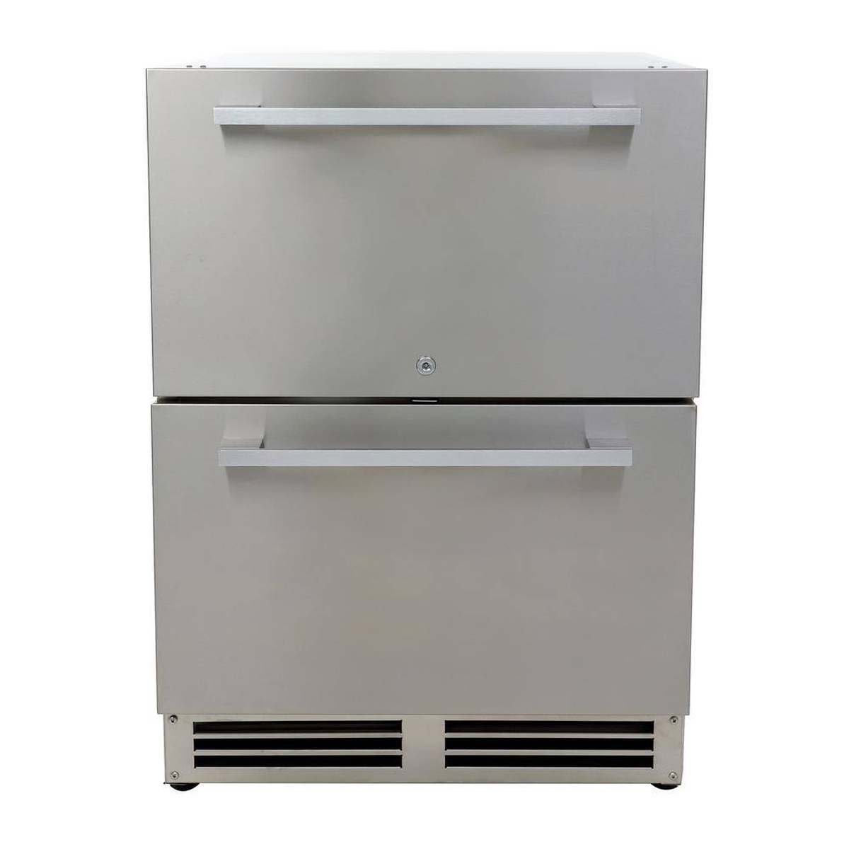 Front view of a stainless steel double-drawer undercounter refrigerator with full-width handles, a centered lock, and a bottom front vent grille