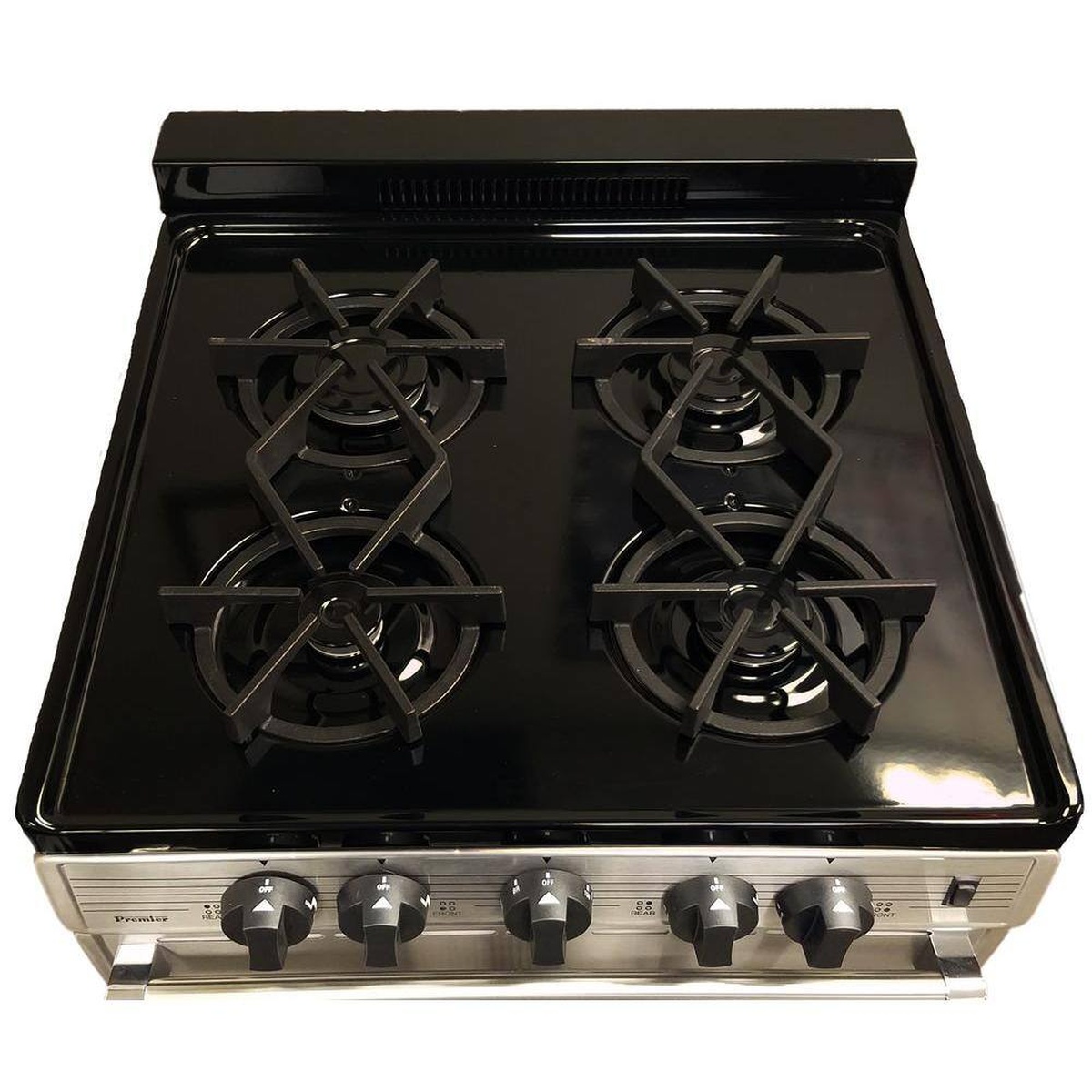 Close-up view of the range cooktop with four sealed gas burners and front control knobs