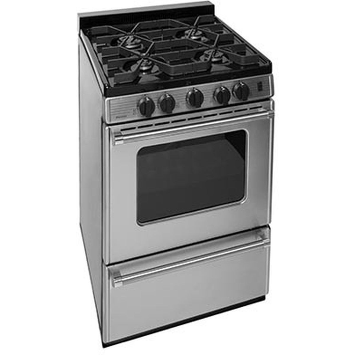Stainless steel 24-inch freestanding gas range with four burners, continuous grates, front control knobs, oven window, and lower drawer
