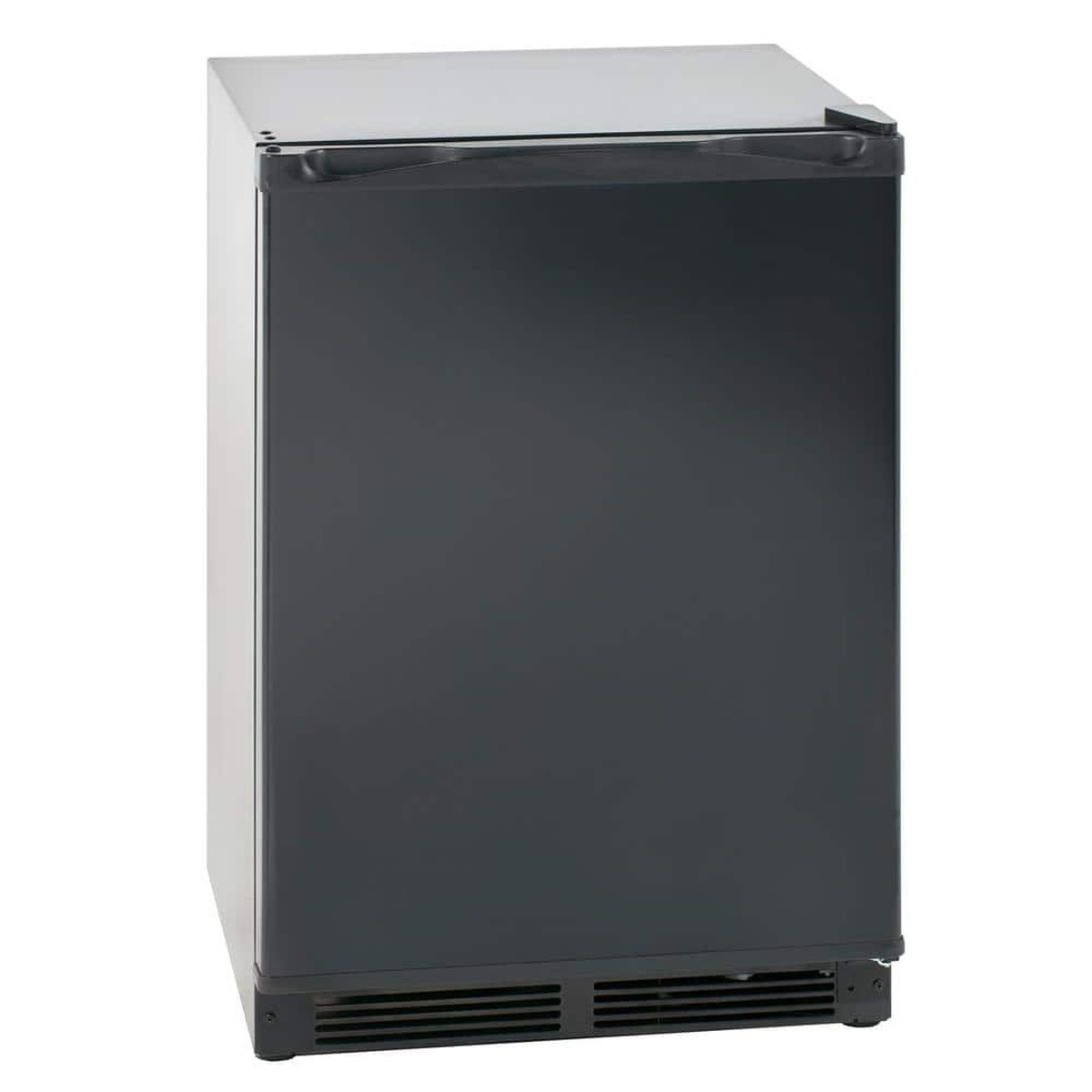 Front view of a black Avanti compact refrigerator with a recessed handle