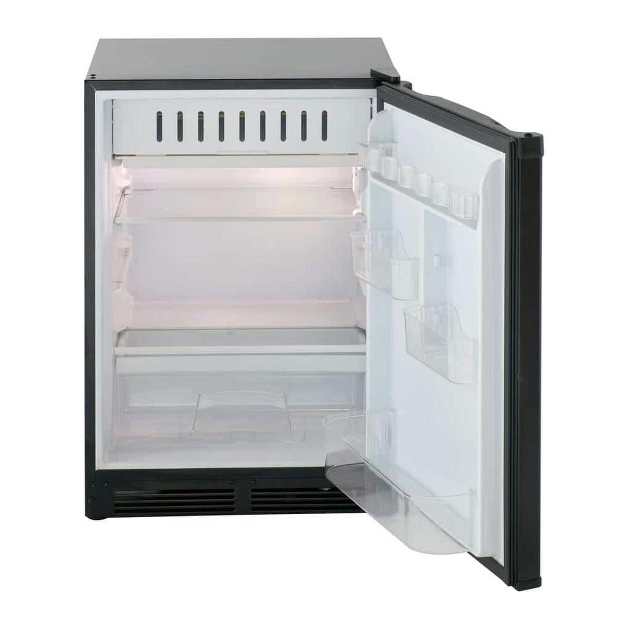 Open Avanti compact refrigerator showing interior shelf, chiller compartment area, door bins, and a lower door bottle bin