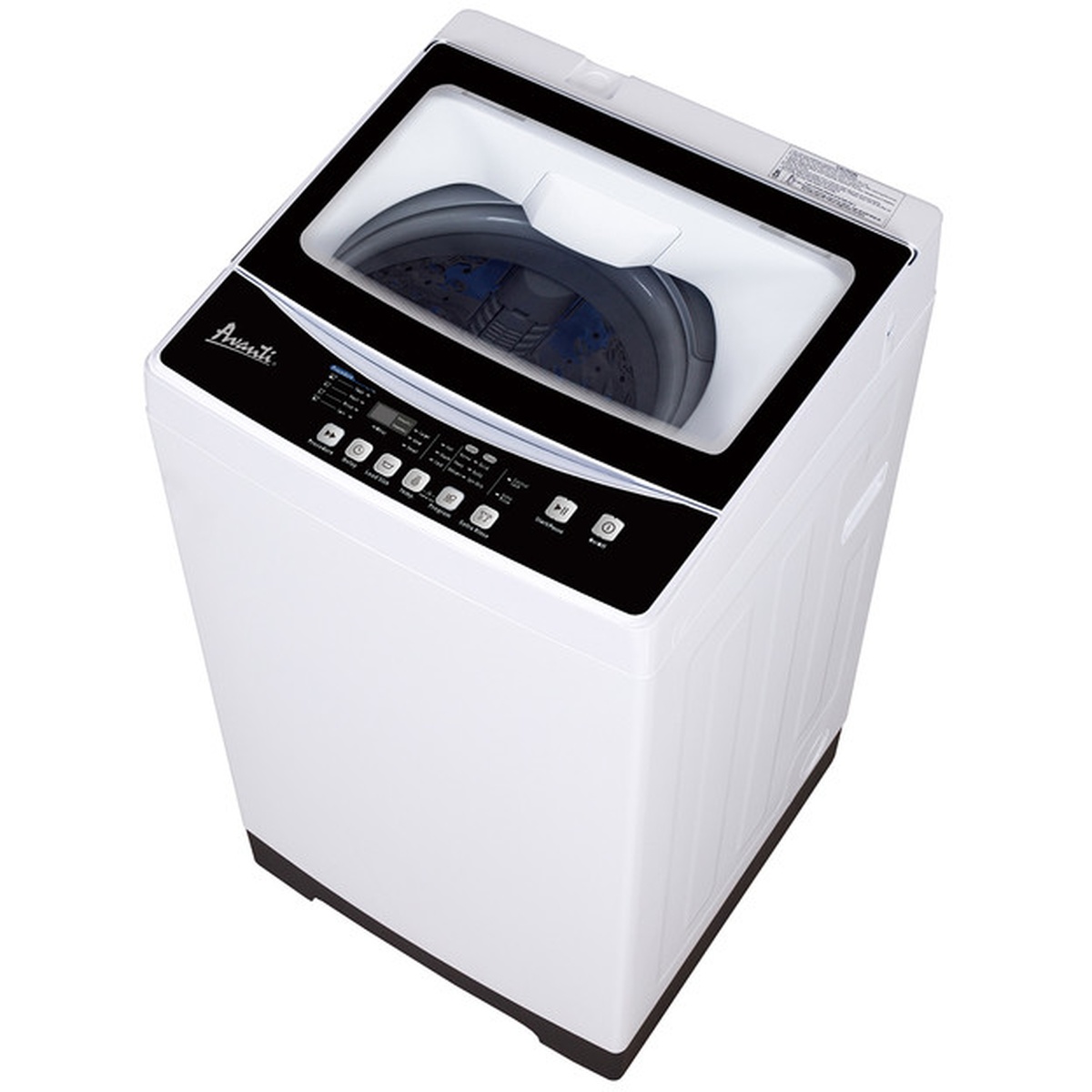 Angled view of the Avanti portable top-load washer showing the lid window, control deck, and side profile
