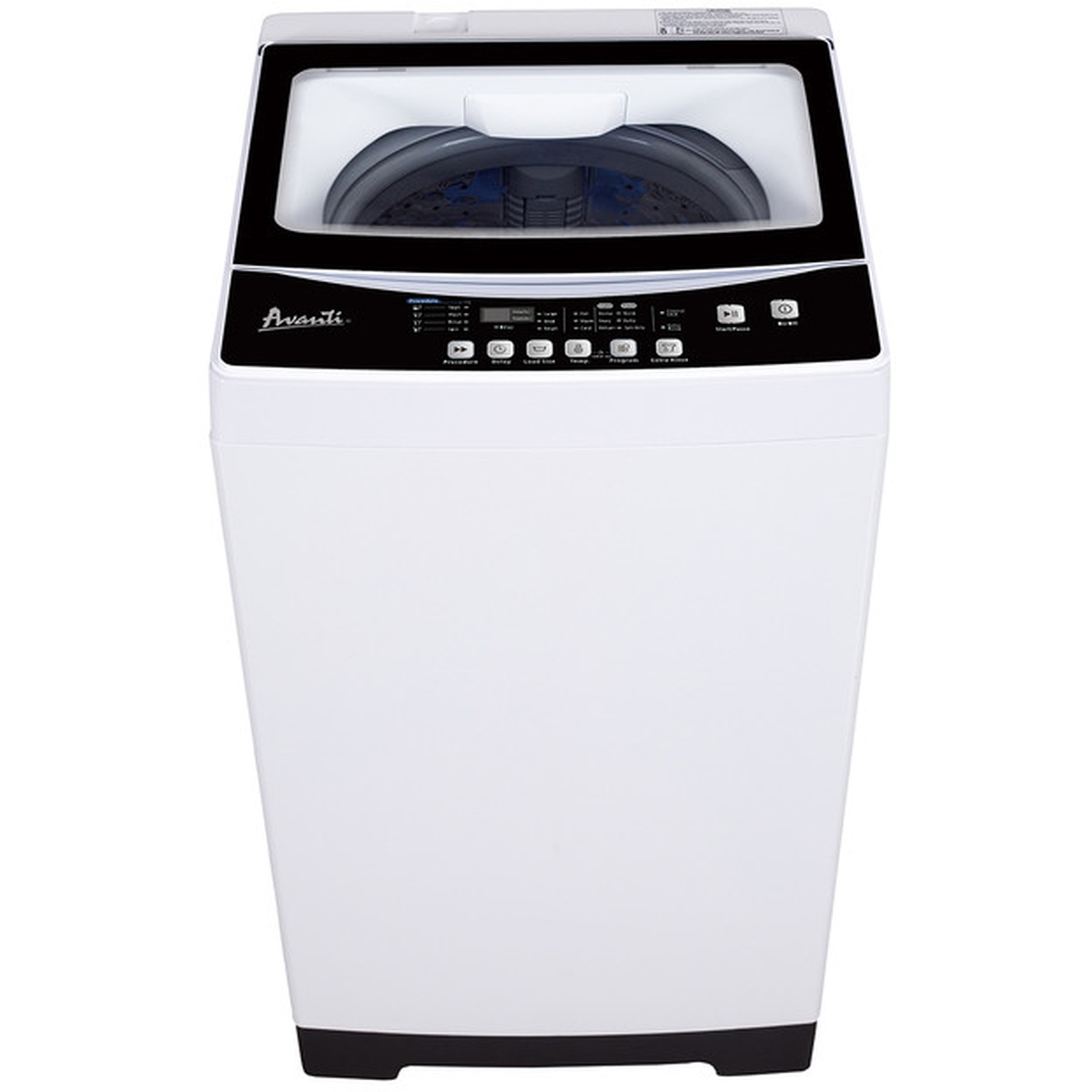 Front view of Avanti portable top-load washer showing the see-through lid and top control panel