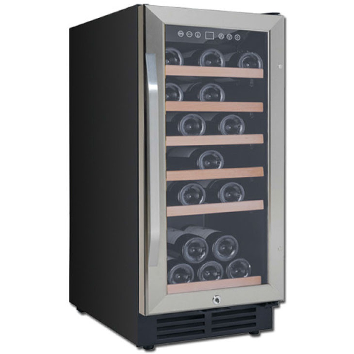 Avanti wine cooler with glass door, touch controls, wooden-trim shelves, and front lock