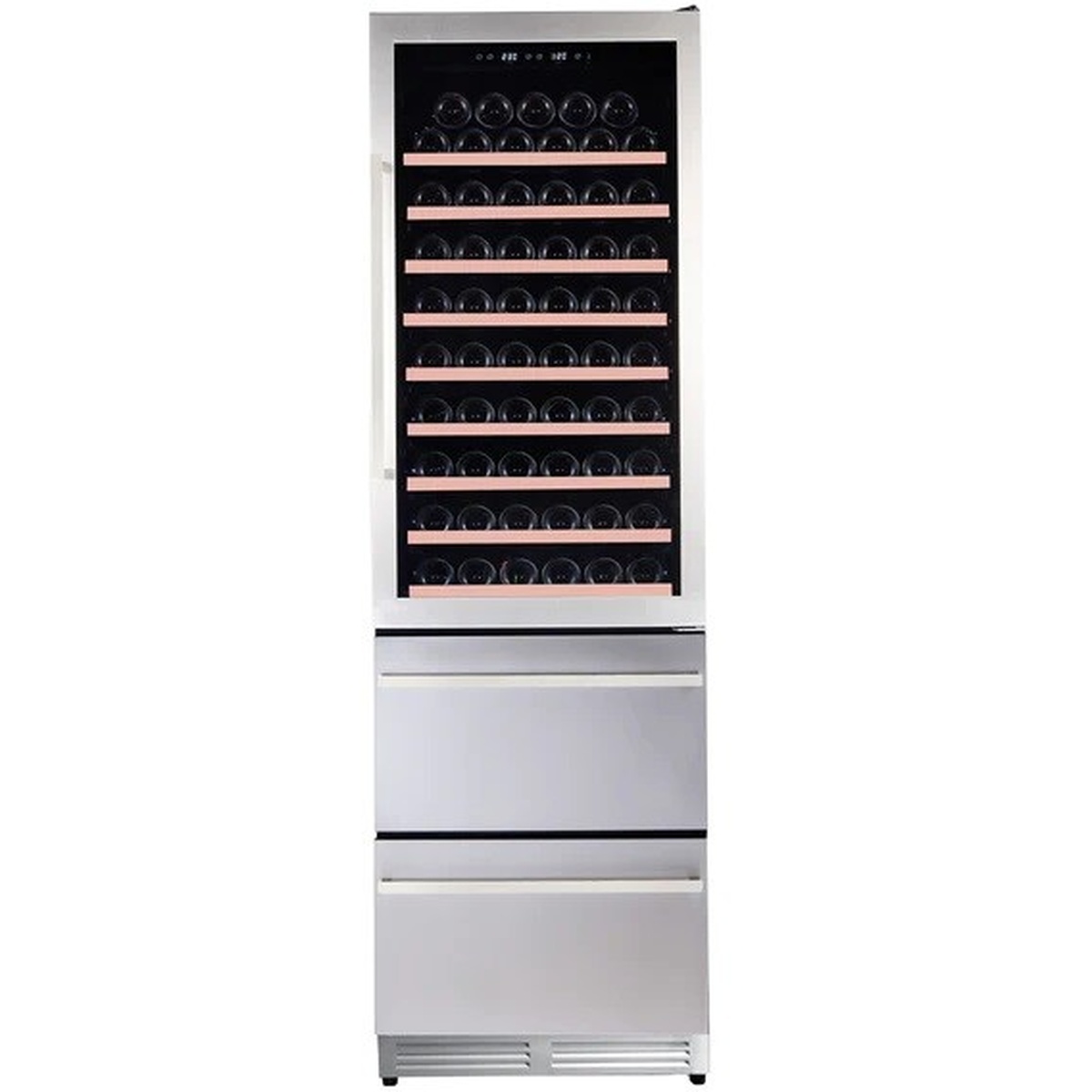 Front view of a stainless-framed glass-door wine cooler with wooden bottle shelves and two lower pull-out drawers