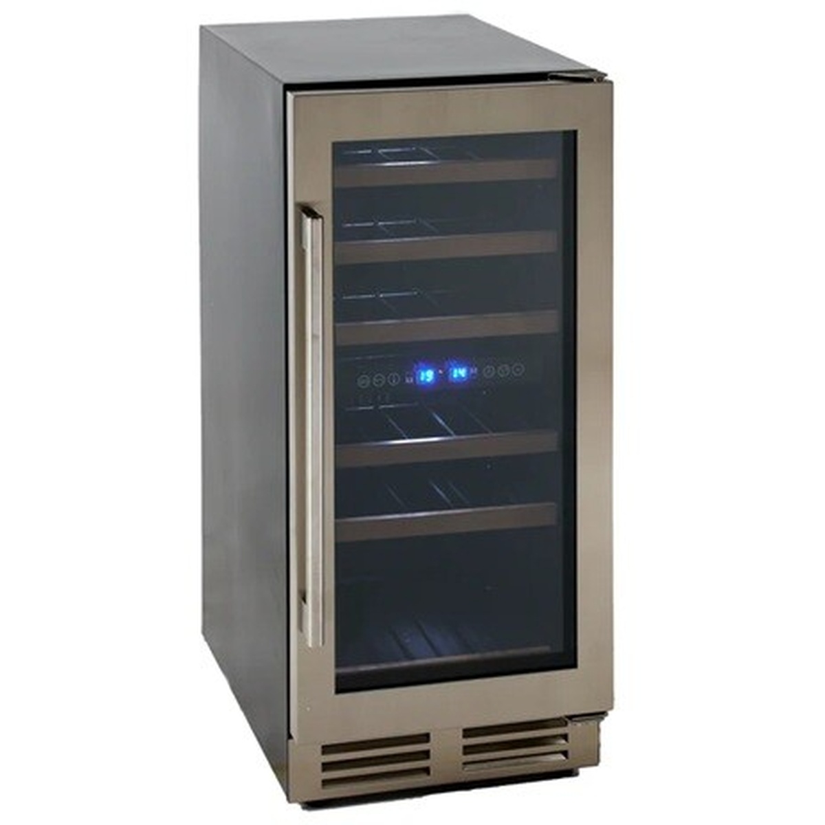 Front view of Avanti 15-inch wine cooler with stainless-look frame, glass door, vertical handle, and bottom vent