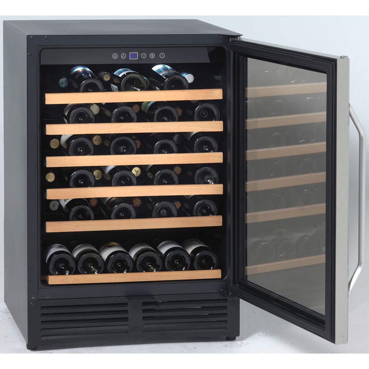 Avanti WCR506SS wine cooler with the glass door open, showing wood-front roll-out bottle shelves and a top digital control panel