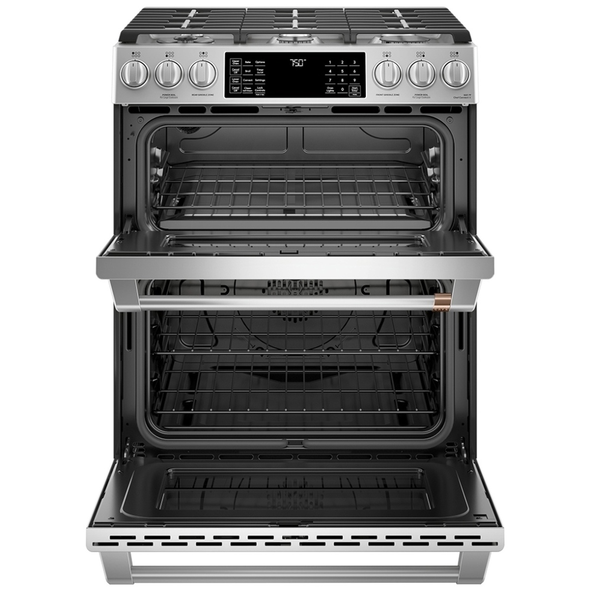 Café double-oven gas range with both oven doors open, showing two separate oven cavities with racks
