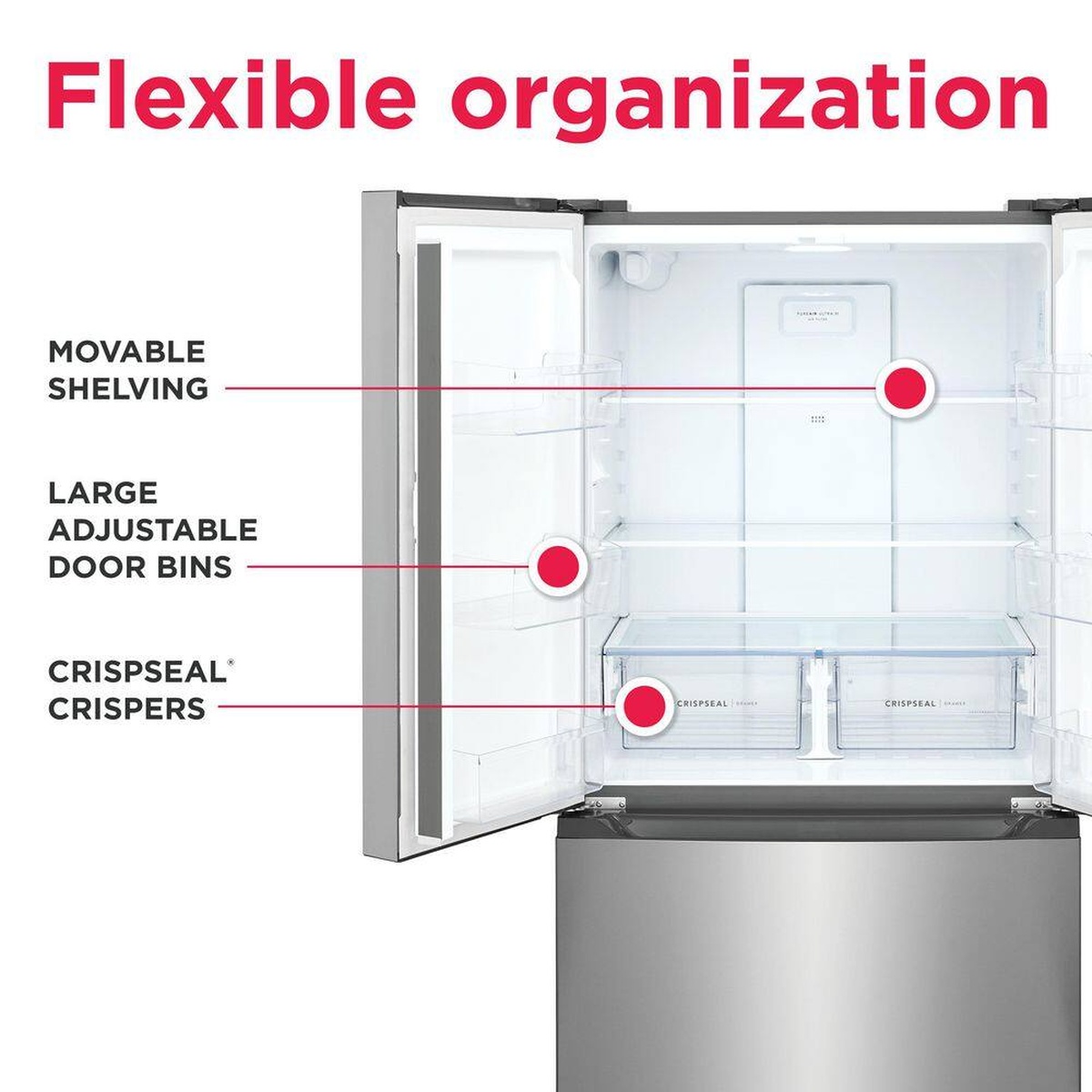 Open refrigerator compartment showing adjustable shelves, large adjustable door bins, and two CrispSeal crisper drawers