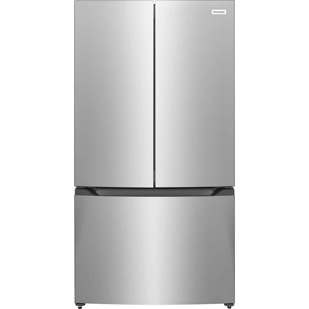 Front view of a Frigidaire counter-depth French door refrigerator with a bottom freezer drawer in a stainless steel look finish