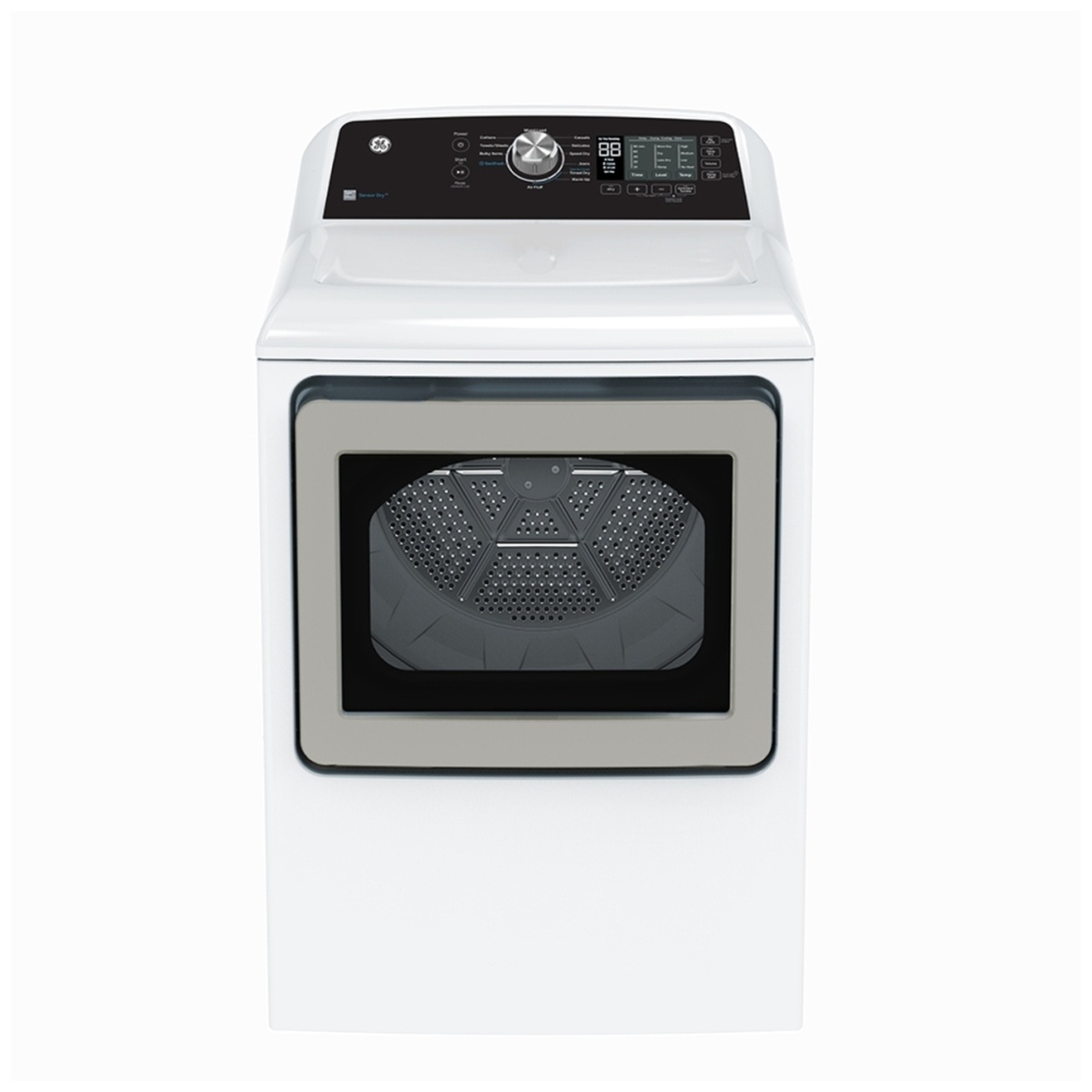 Front view of the white GE top-load electric dryer with a large windowed hamper-style door