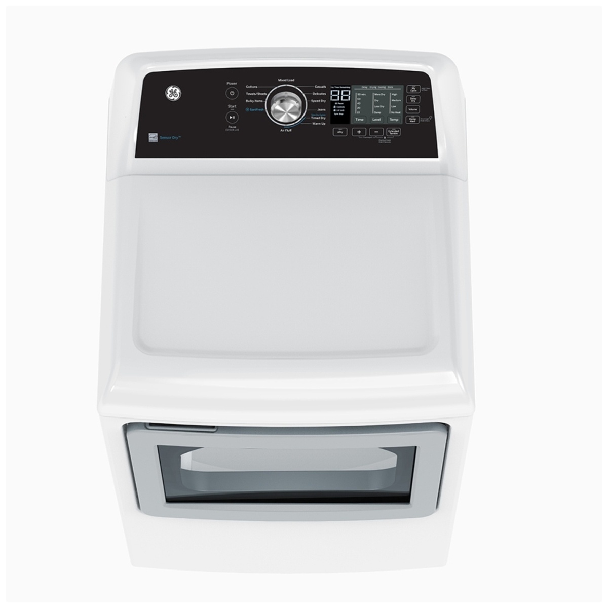 Top view of the GE dryer showing the control panel with a central cycle dial, digital display, and option buttons