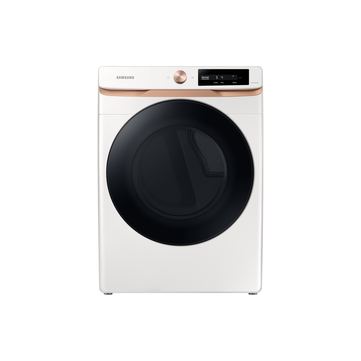Front view of an ivory Samsung dryer with a central control dial, slim display panel, and large black door window