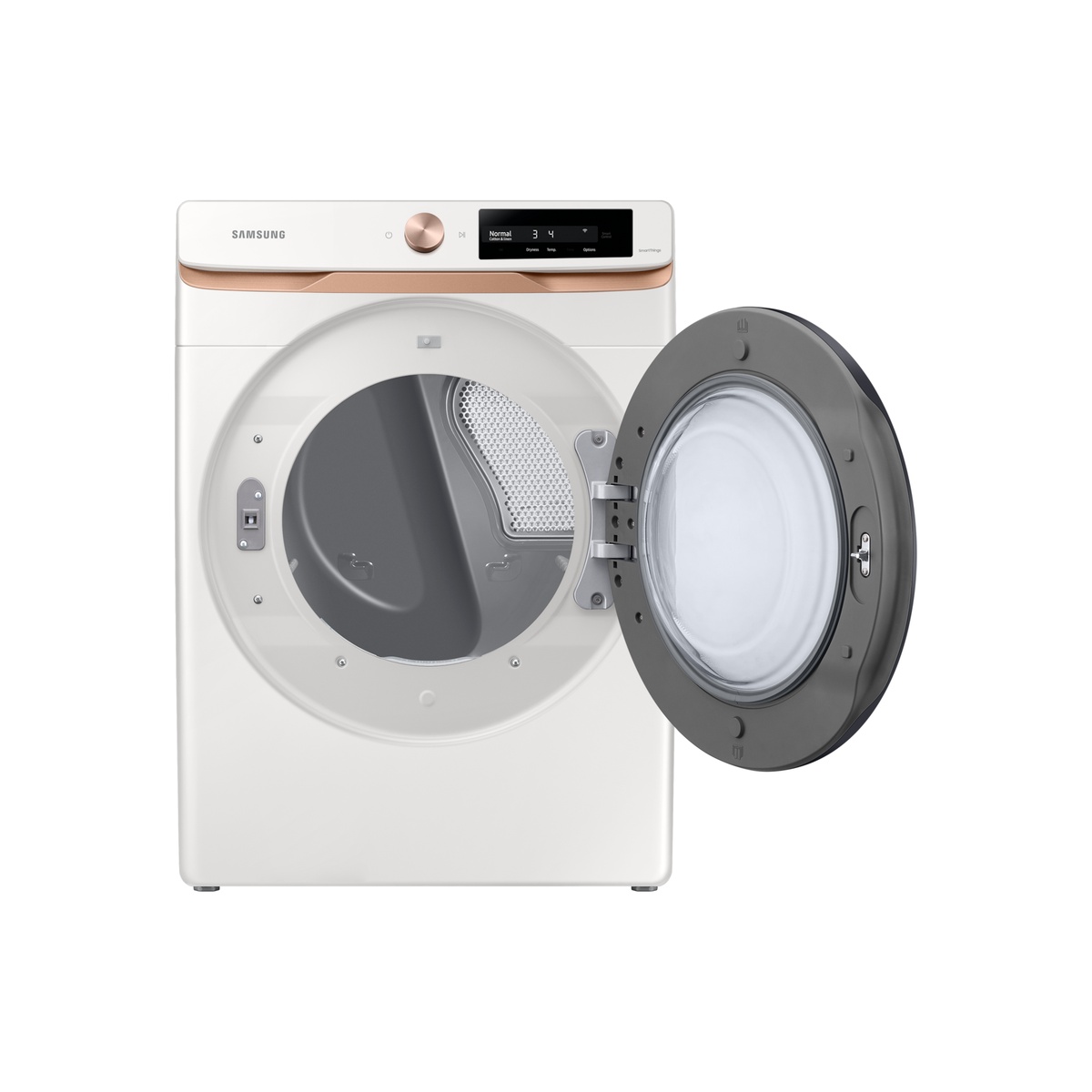 Samsung dryer shown with the door open, revealing the gray drum interior and wide opening