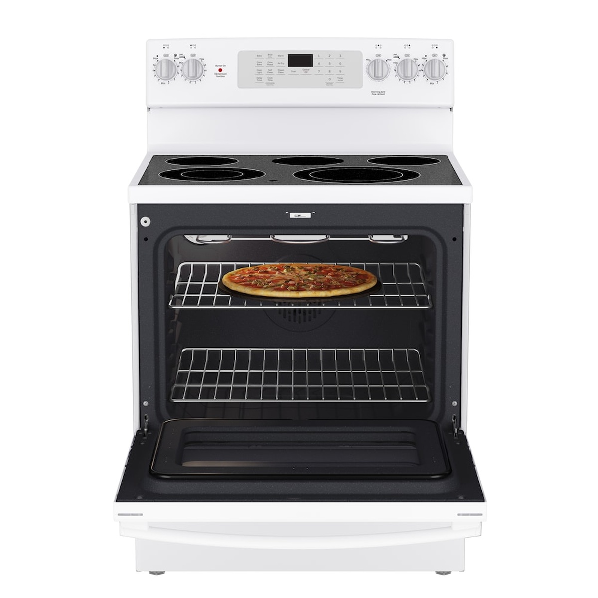 White GE freestanding electric range with the oven door open, showing chrome racks and a pizza inside