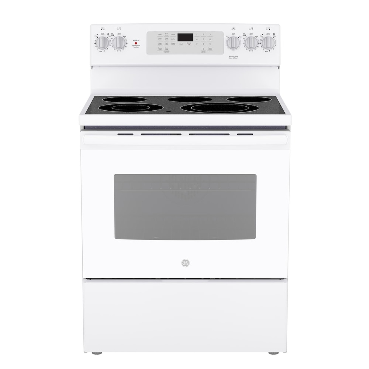 Front view of a white GE freestanding electric range with smooth glass cooktop and a backguard control panel