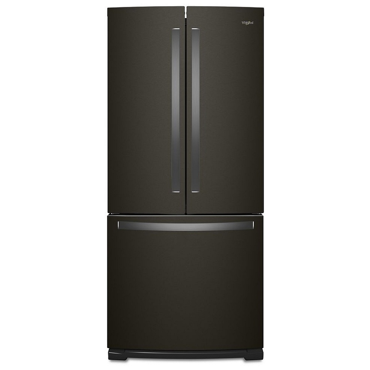Front view of the Whirlpool WRF560SFHV black stainless refrigerator showing the Whirlpool badge and bottom freezer handle