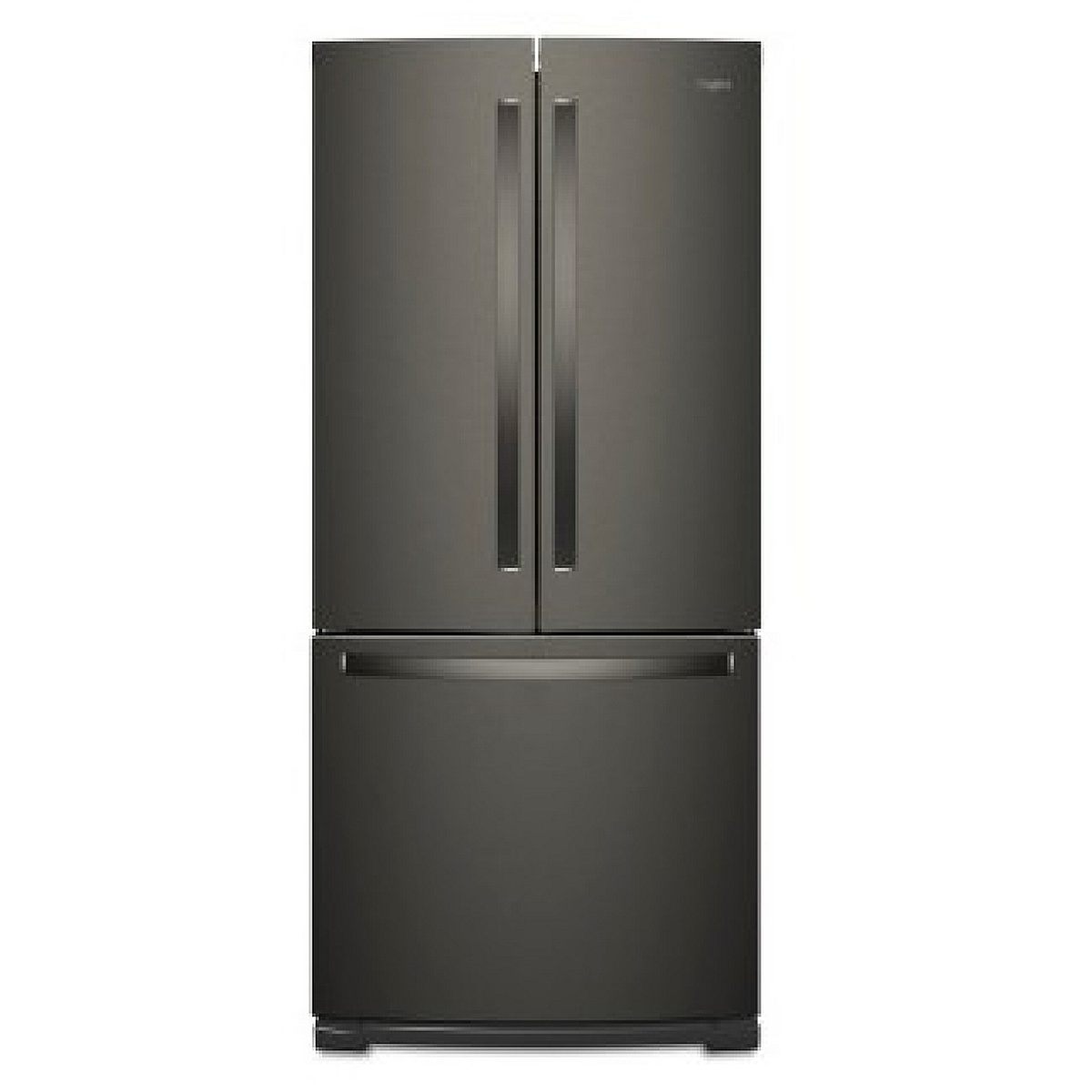 Front view of a Whirlpool black stainless French door refrigerator with two tall vertical door handles and a bottom freezer drawer