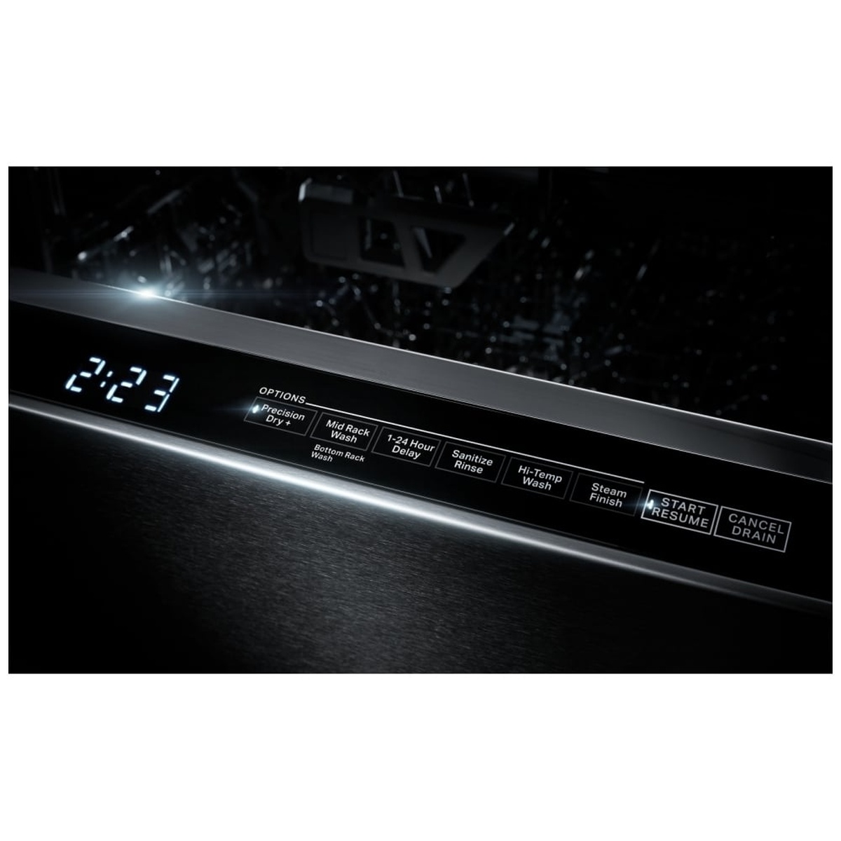 Close-up of the dishwasher top control panel showing cycle time display and option buttons