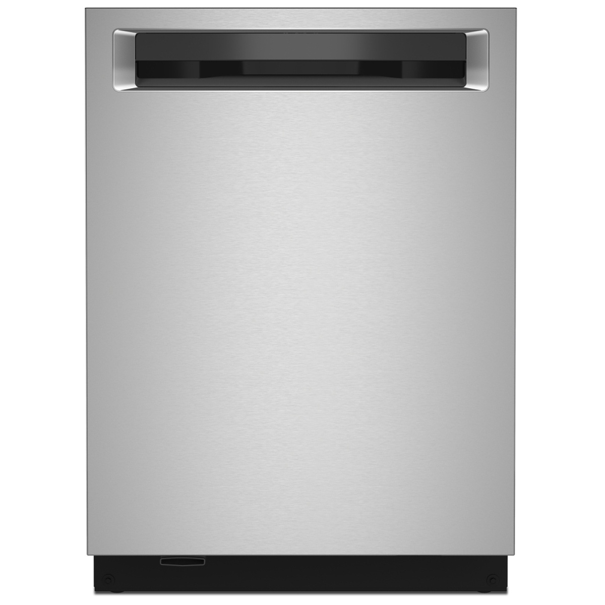 Front view of the KitchenAid dishwasher with a pocket handle and stainless look