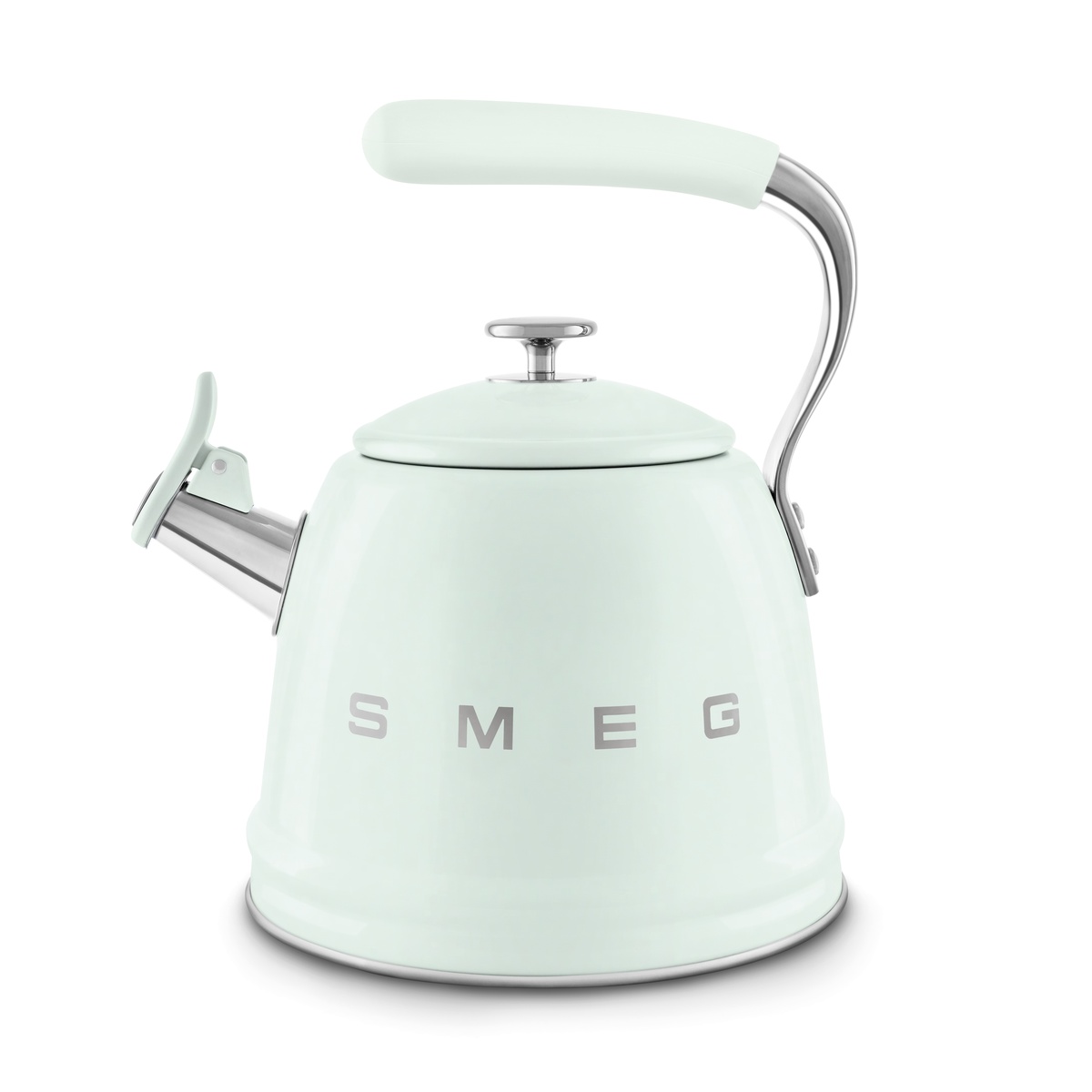Front view of the SMEG WKF01PG pastel green whistling stovetop kettle with stainless handle and spout
