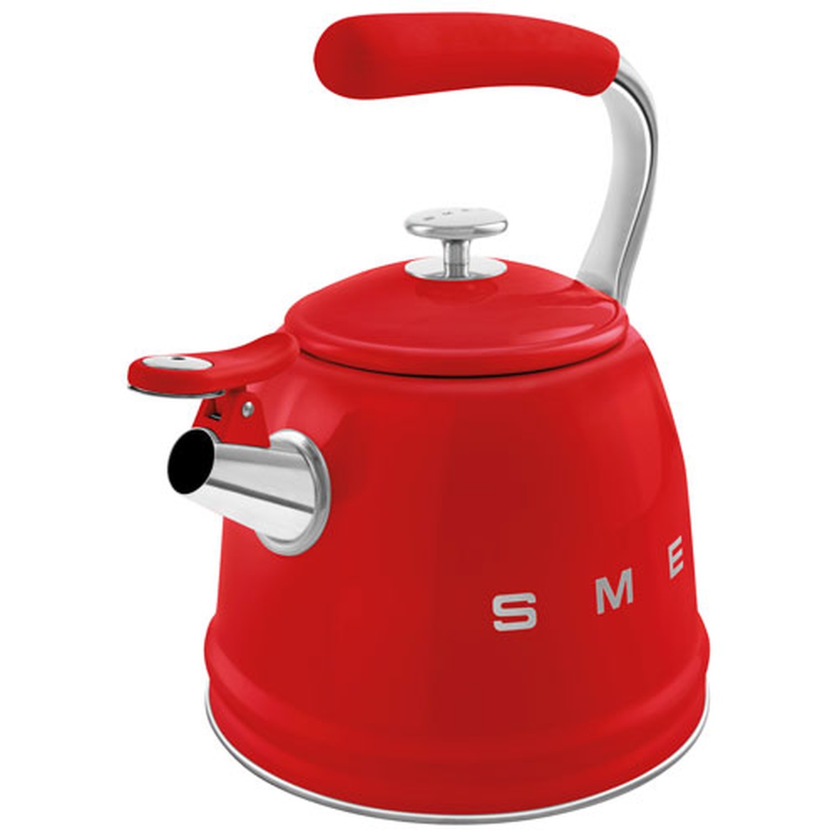 Angled view of a glossy red Smeg stovetop kettle with stainless steel spout, flip-up spout cap, and metal lid knob