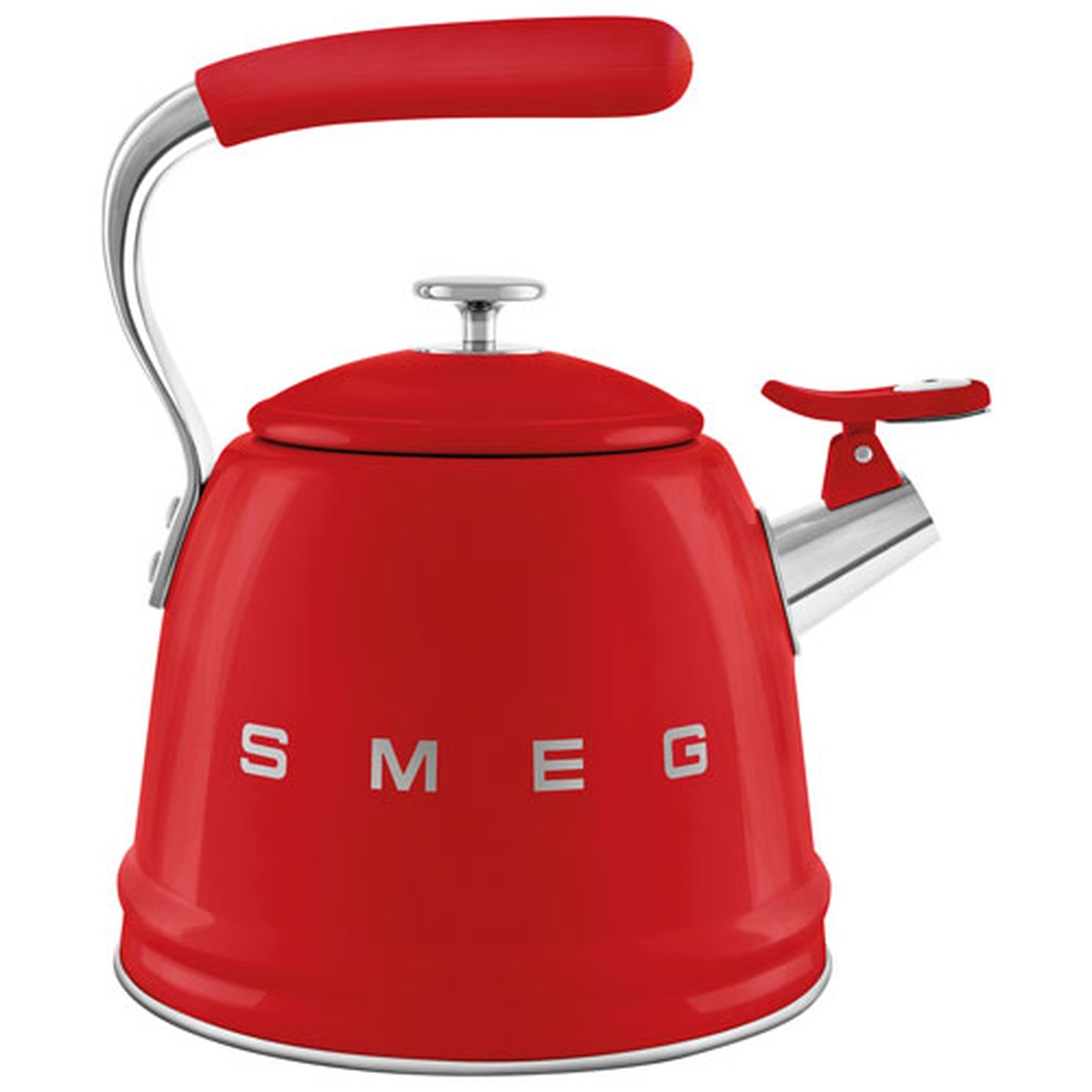 Side view of the red Smeg stovetop kettle showing the large Smeg logo and curved handle