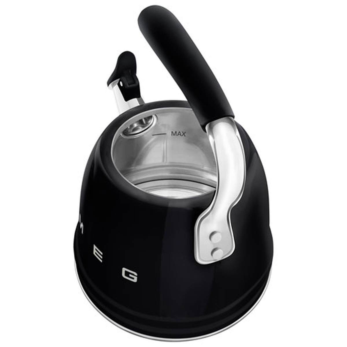 Top angled view of the black Smeg stovetop kettle with the lid opening exposed and an interior MAX fill mark visible