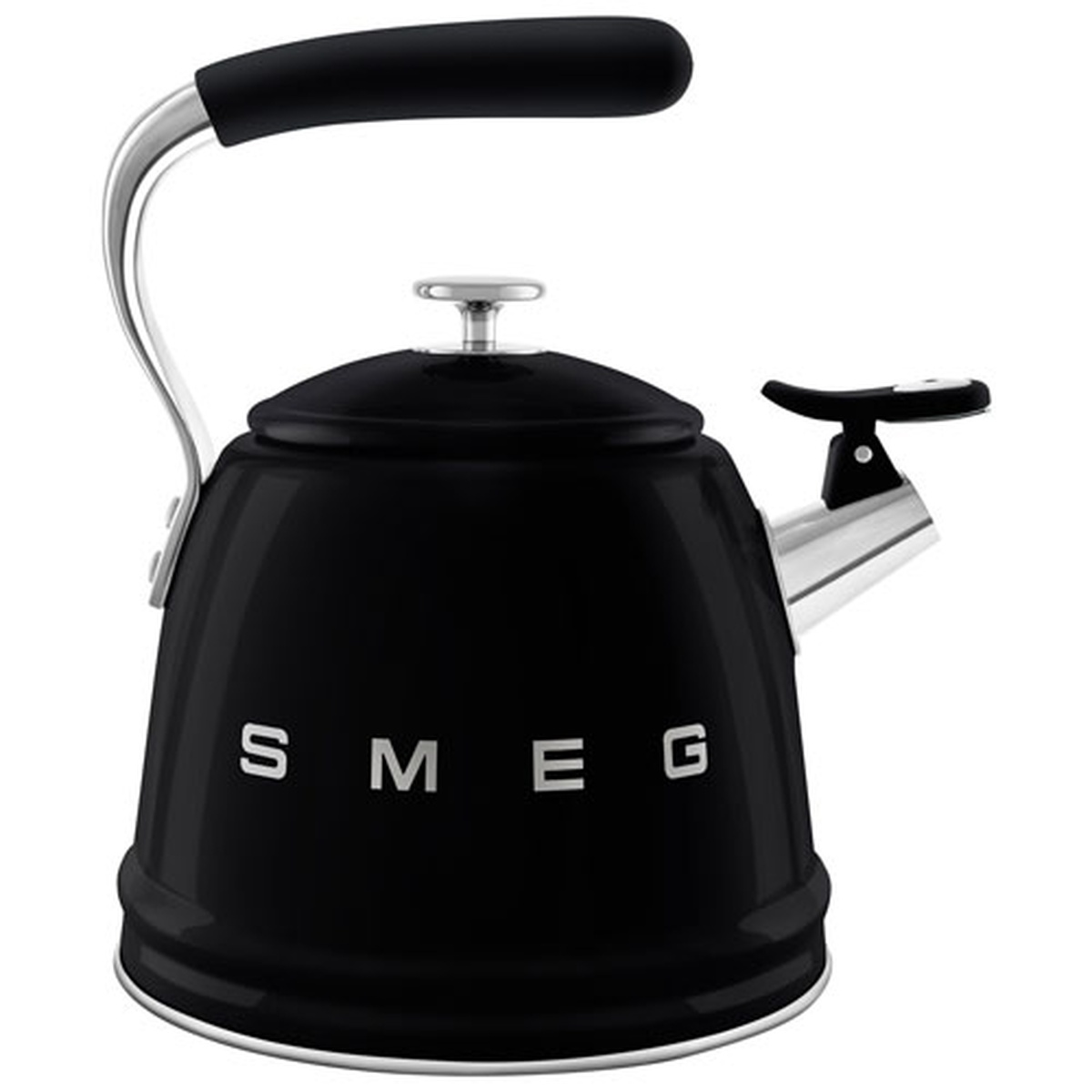 Side view of the black glossy Smeg retro-style stovetop kettle showing the large SMEG logo and stainless spout