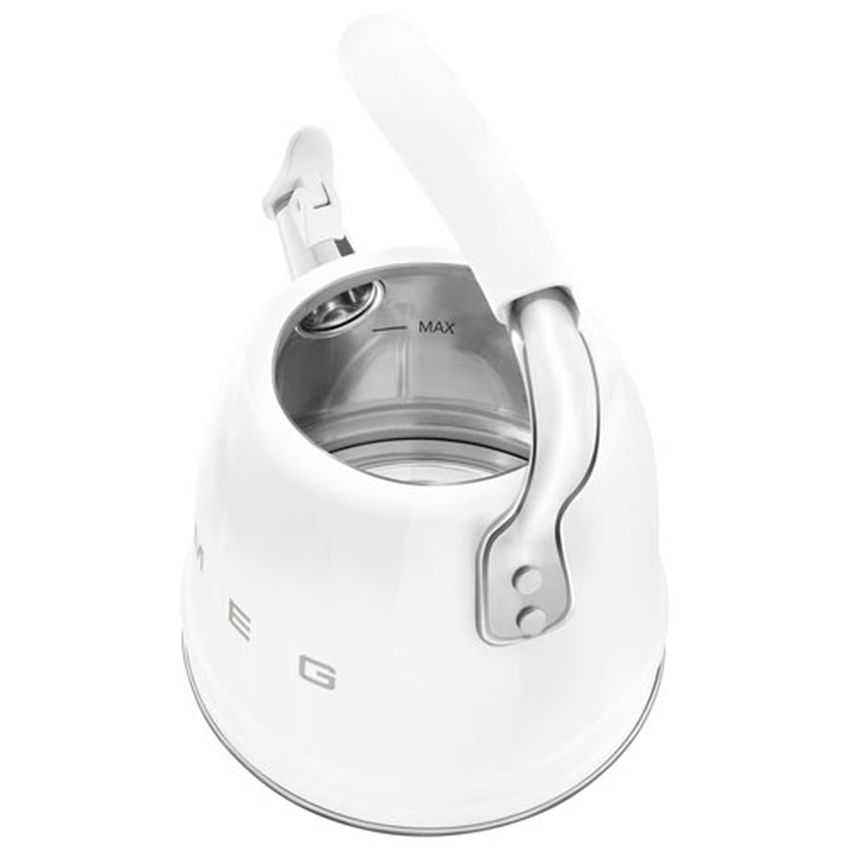 Top view of the white Smeg stovetop kettle with the lid open, showing the stainless interior and MAX fill line
