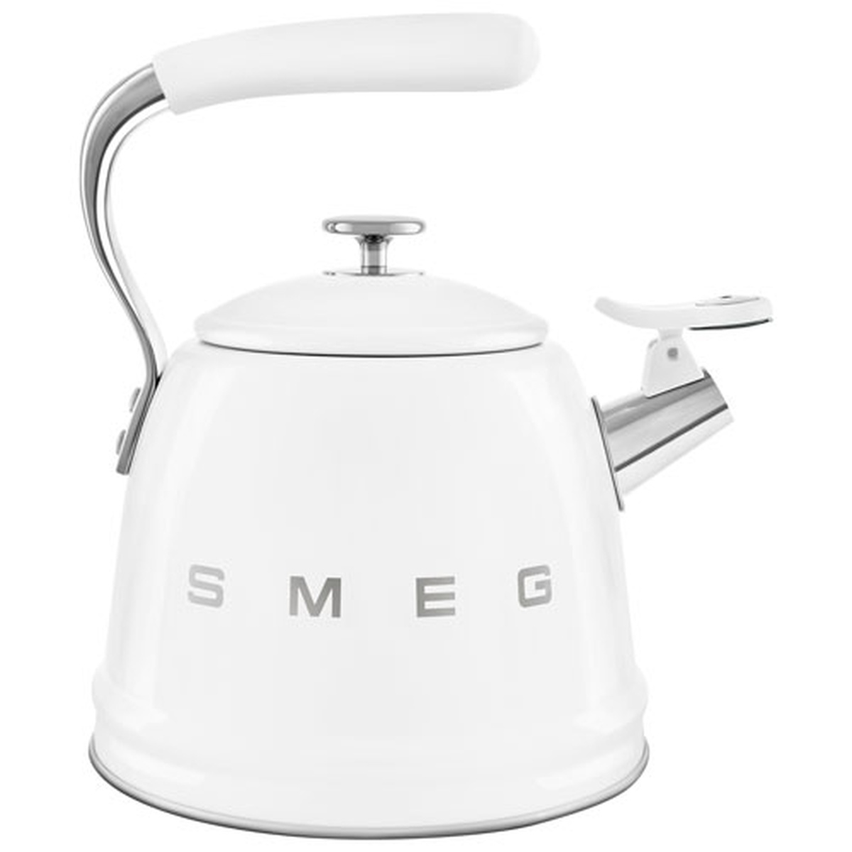 Side view of a glossy white Smeg 50s Style stovetop kettle with large SMEG lettering and a stainless spout