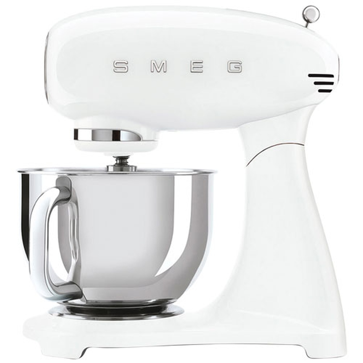 White Smeg retro-style tilt-head stand mixer with stainless steel bowl and handle