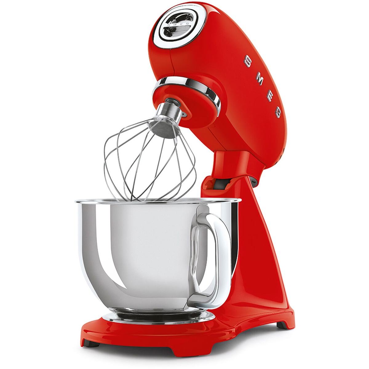Red Smeg stand mixer with tilt-head raised, showing the wire whisk over a stainless steel mixing bowl with handle