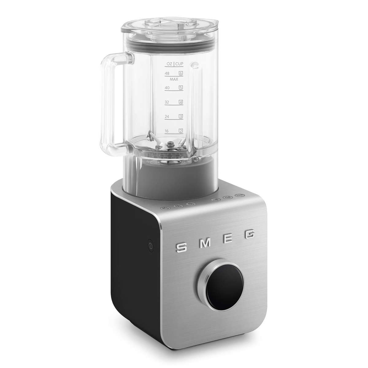 Angled view of the Smeg high performance blender showing brushed metal front with Smeg logo, control dial, and clear jug