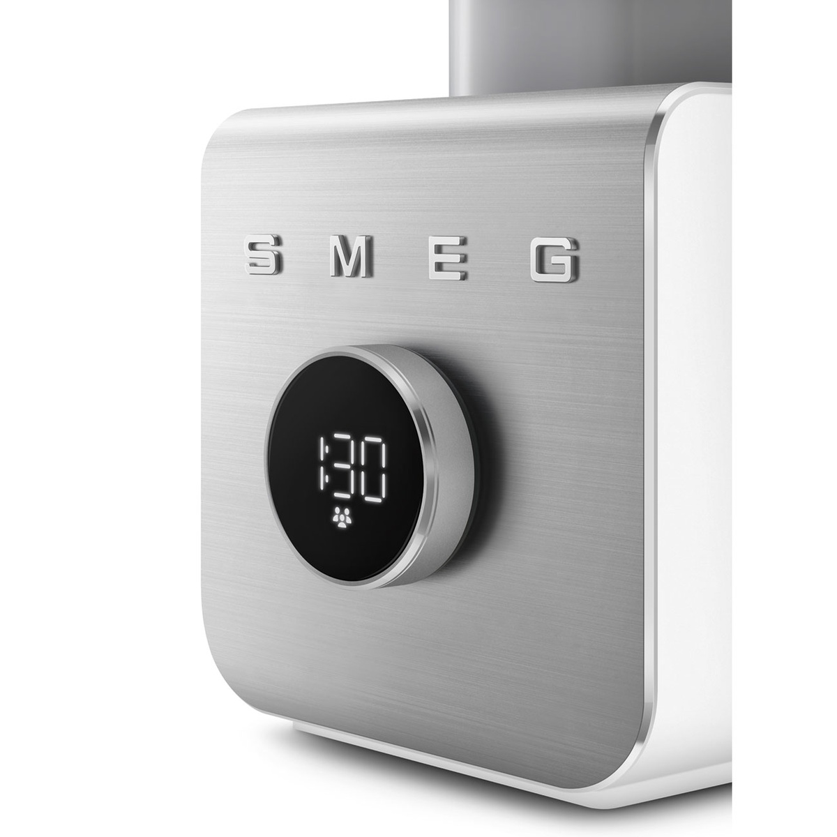 Close-up of the Smeg blender brushed aluminum front panel with raised Smeg logo and a round dial with a digital display
