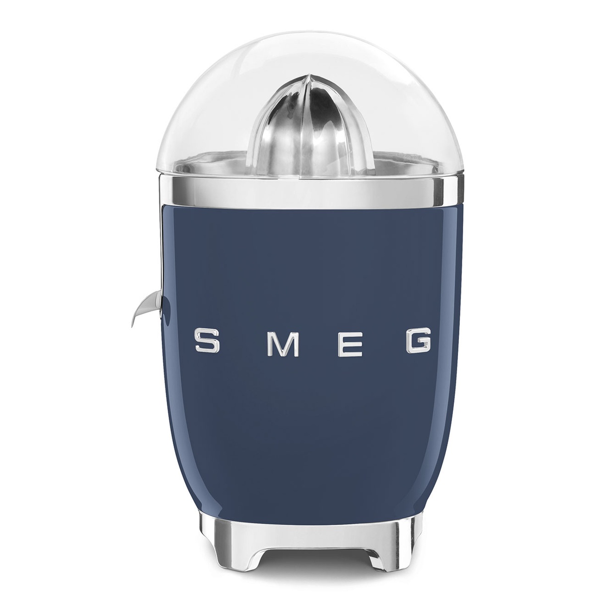Front view of the glossy navy blue Smeg citrus juicer with chrome base and large SMEG lettering