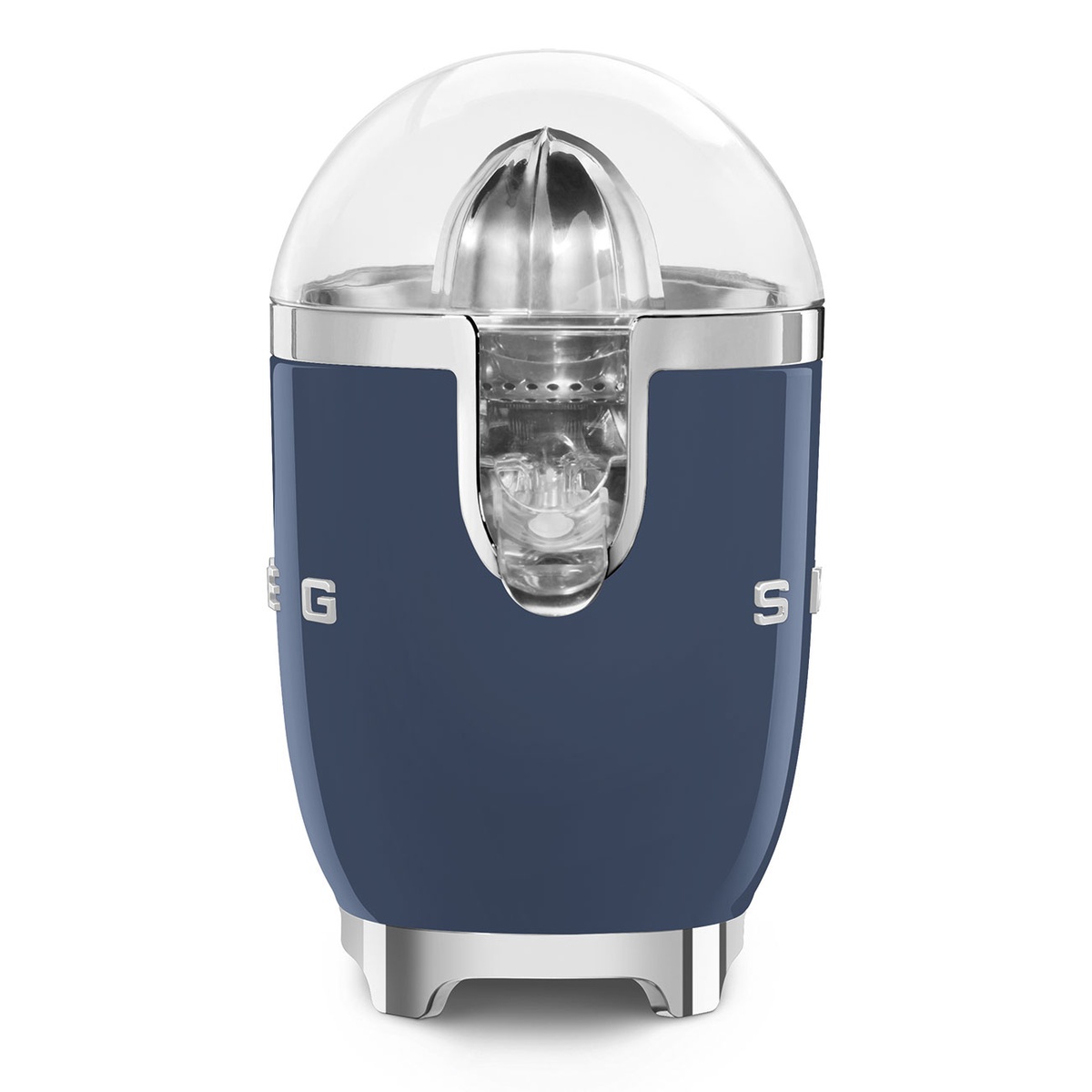 Angled view of the navy blue Smeg CJF01 citrus juicer showing the front spout area under the clear dome lid