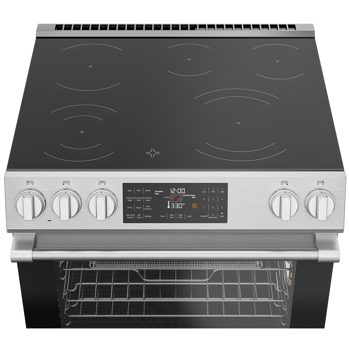 Top view of a Beko slide-in electric range showing a black vitroceramic cooktop with five cooking zones and a front control panel with knobs and a digital display