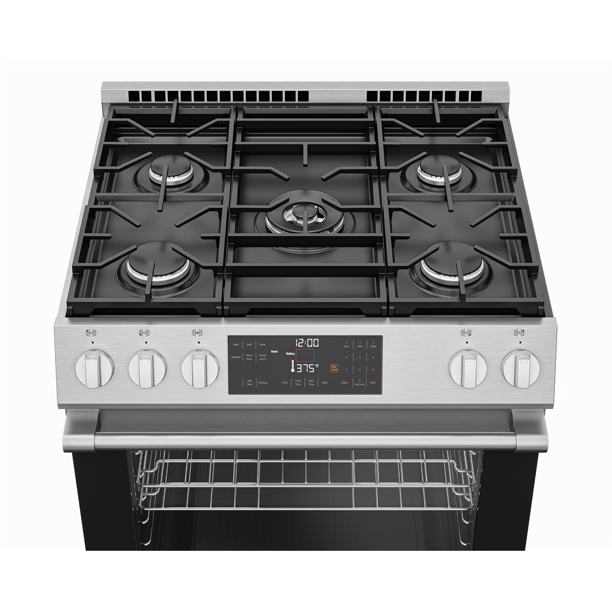 Top view of the Beko SLGR30523SS showing five gas burners, continuous cast iron grates, and the centered control display