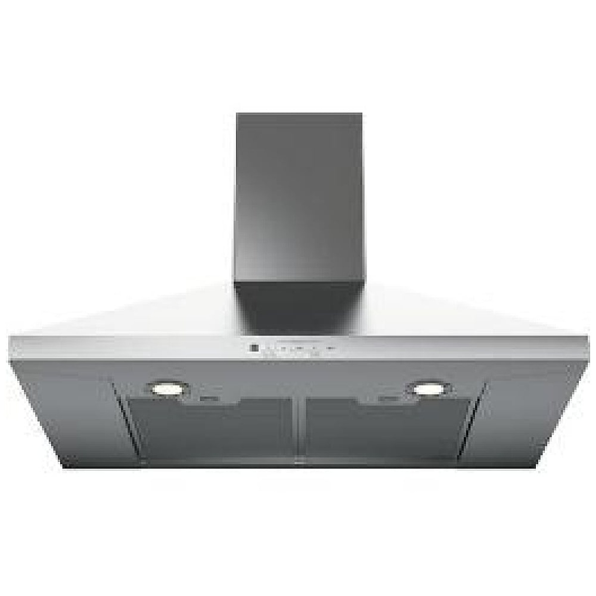 Underside view of the stainless wall-mount range hood showing two round lights and the filter panels